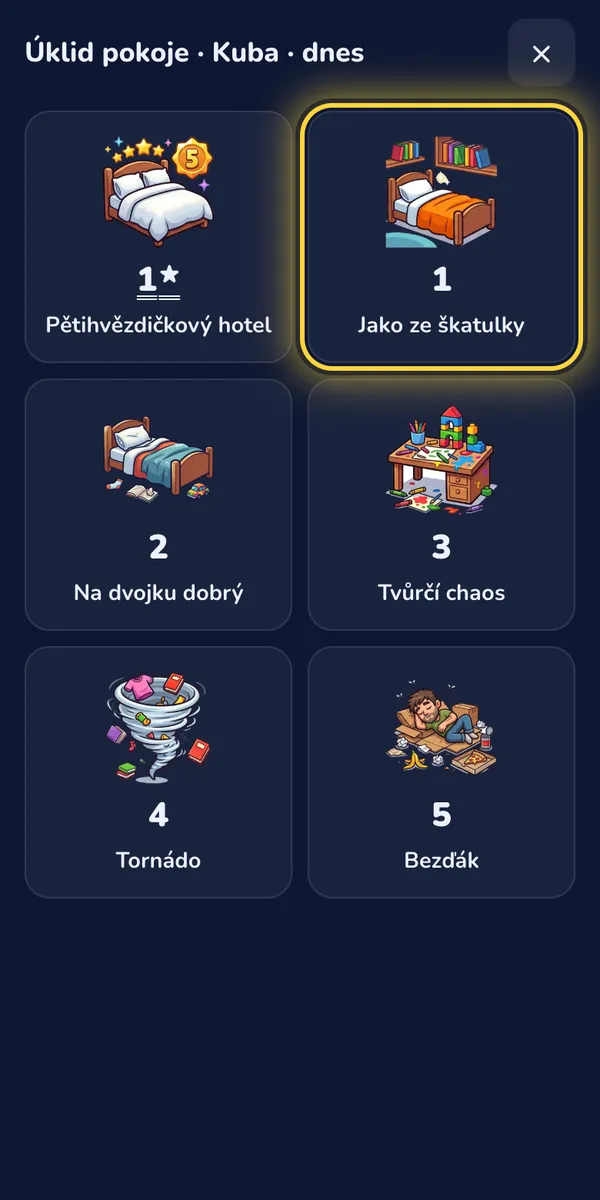 Rodič: Večer dáte pokoji známku jedním ťuknutím. Měsíční graf ukáže, jak se úklid lepší.
