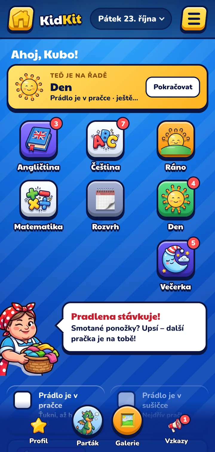 Titulka dítěte v mobilu: pozdrav „Ahoj, Kubo!“, co je teď na řadě, aplikace na učení, seznamy a Pradlena