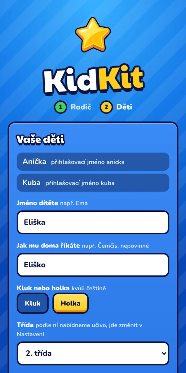 Rodič: Přidejte děti: jméno, jak jim doma říkáte, a třídu. Přihlašovací jméno a heslo vám navrhneme.