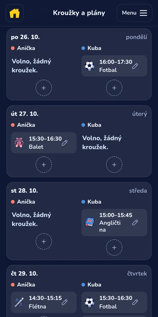 Kroužky a plány na příštích 7 dní: každé dítě má svůj sloupec s kroužky a časy