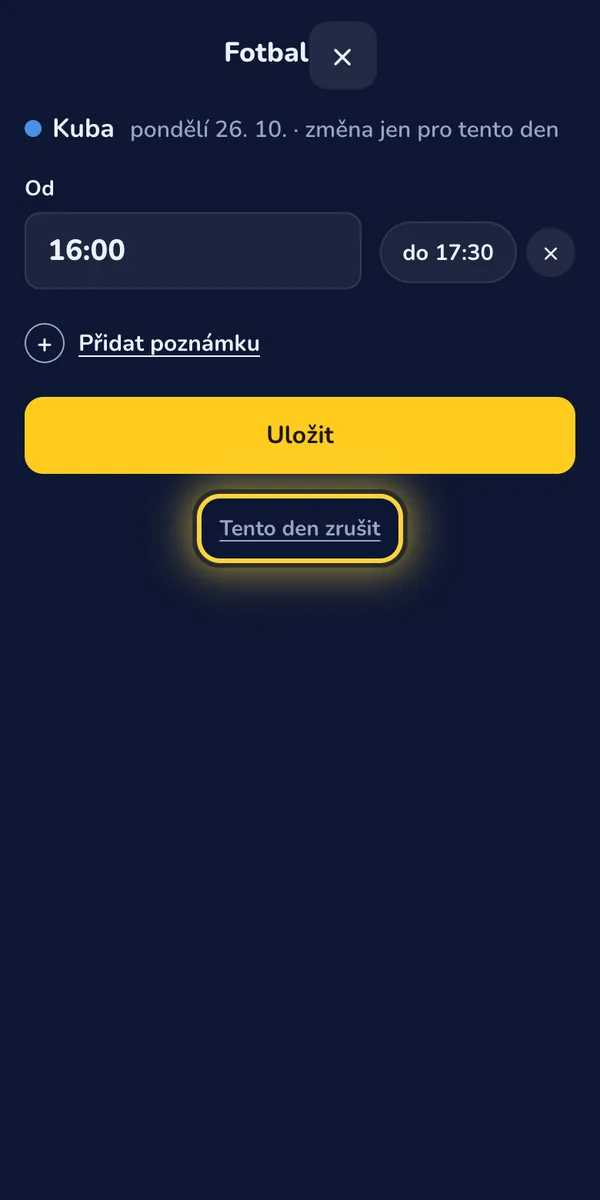 Rodič: Trénink odpadá nebo se posouvá? Ťuknete na tužku u kroužku a změníte jen tento den.