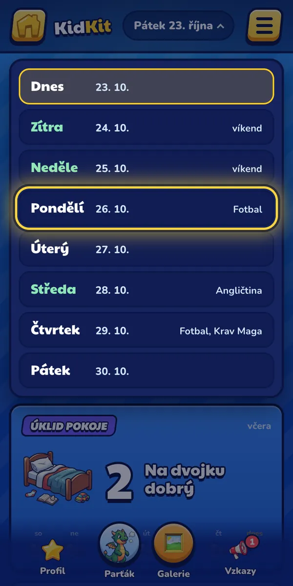 Dítě: Dítě ťukne na datum nahoře a vidí, co ho čeká v dalších dnech.