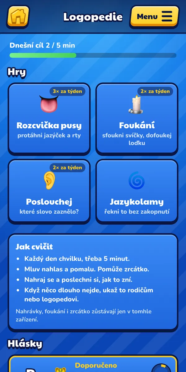 Logopedie v mobilu dítěte: hry Rozcvička pusy, Foukání, Poslouchej a Jazykolamy a doporučené hlásky R a Ř
