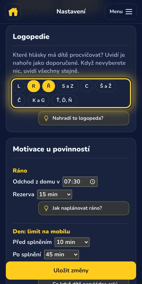 Rodič: V nastavení dítěte zapnete Logopedii a vyberete hlásky, které má trénovat.