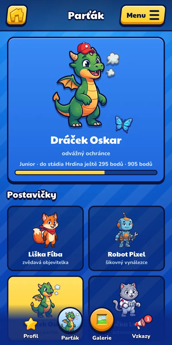 Parťák dítěte: Dráček Oskar s čepicí a motýlem, stádium Junior a body do dalšího stádia