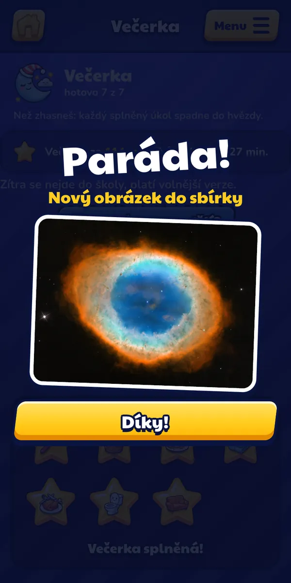 Dítě: Splní celý seznam a vyskočí odměna: nový obrázek do sbírky.