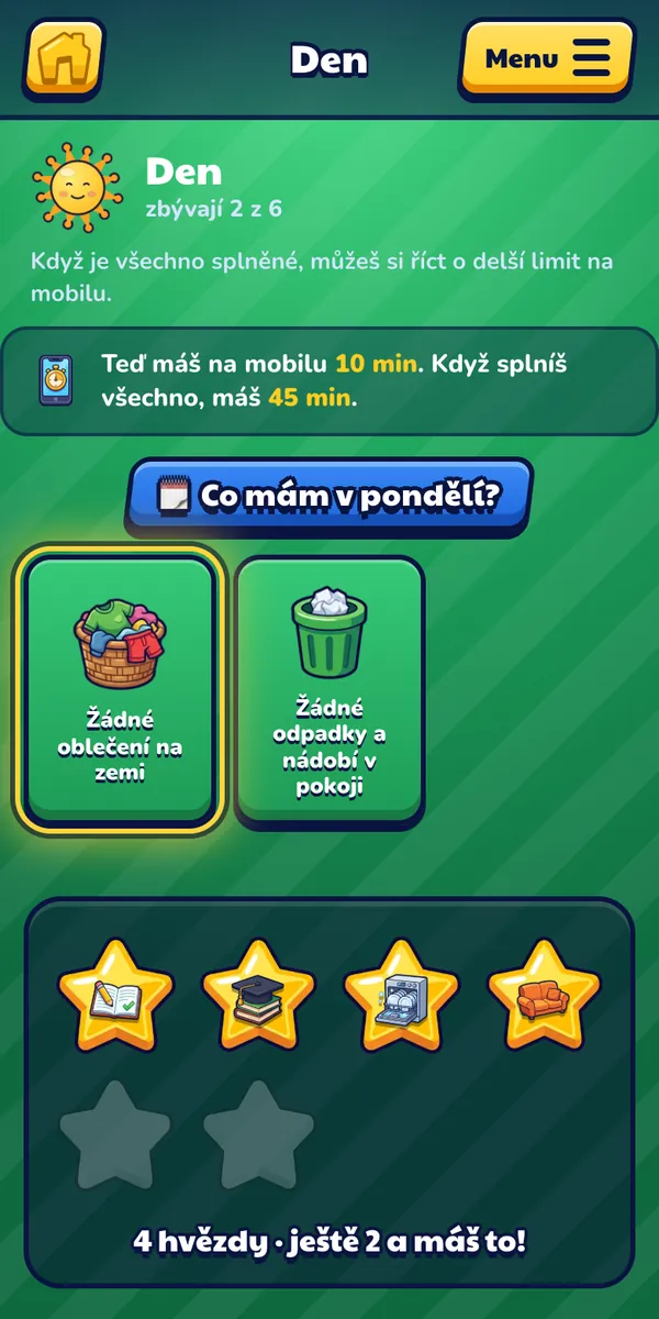 Dítě: Úkoly odškrtává ťuknutím a za každý splněný přibude hvězda. Nahoře vidí, kolik mu zbývá a co získá.