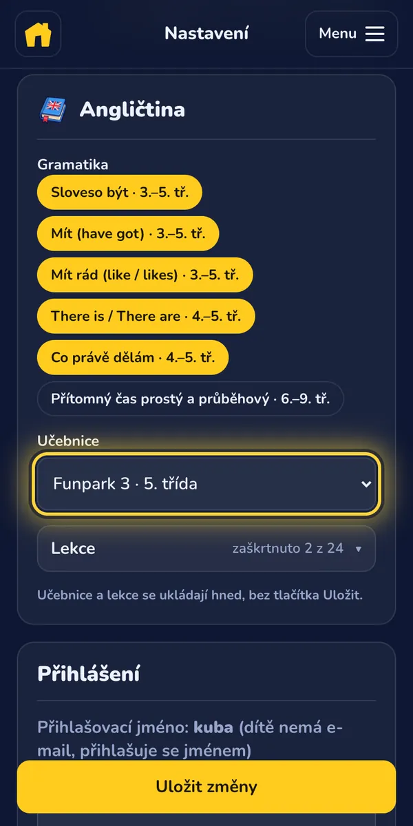 Rodič: V nastavení dítěte vyberete třídu a učebnici a odškrtnete lekce, které ve škole probírají.