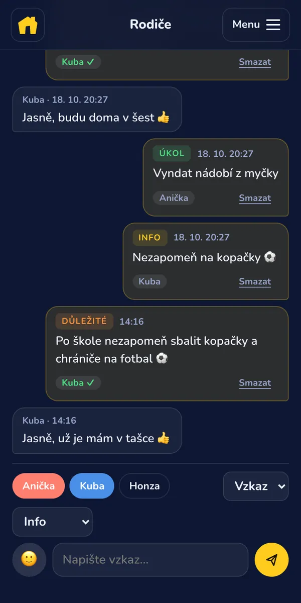 Vzkazy v aplikaci rodiče: důležitý vzkaz, úkol a odpovědi dětí v jednom chatu