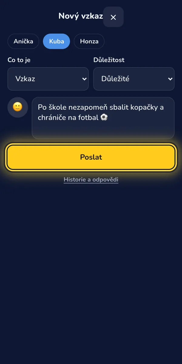 Rodič: Vzkaz napíšete z plochy tlačítkem Vzkaz. Vyberete dítě a důležitost.
