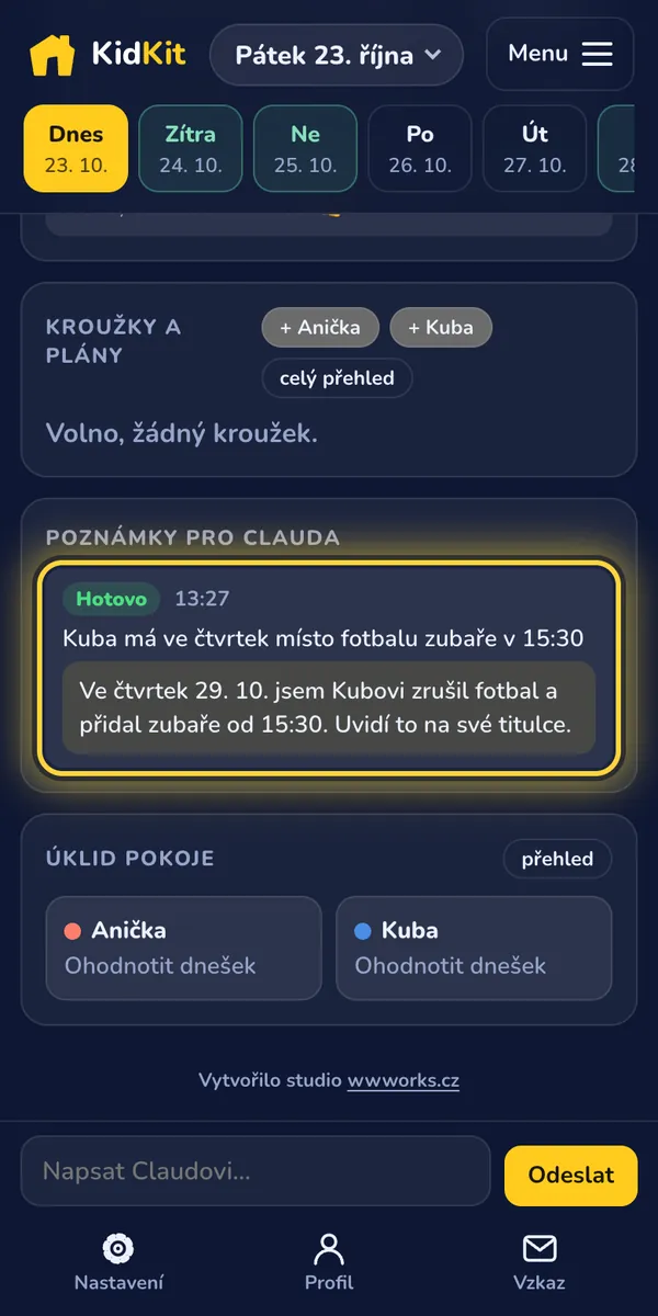 Rodič: Napsat Claudovi: běžnou větou zadáte změnu, třeba zubaře místo fotbalu, a Claude ji zapíše.